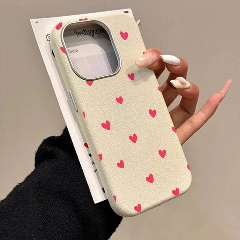 Love Heart Pattern INS Phone Case For iPhone 17 16 15 14 13 12 11 Pro Max Plus Protection Shockproof Silicone Soft Luxury Cover