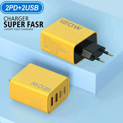 120W 4 Ports USB Charger Fast Charge Phone Charger Adapter Type C Cable For iPhone Samsung Xiaomi EU/US/UK Plug Wall Charger