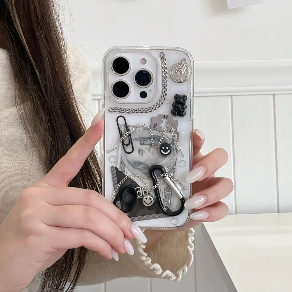 Creative 3D Chain Dollar Ring Hook Paper Clips Phone Case For iPhone 17 16 15 14 13 12 11 Pro Max Shockproof Cover Gifts