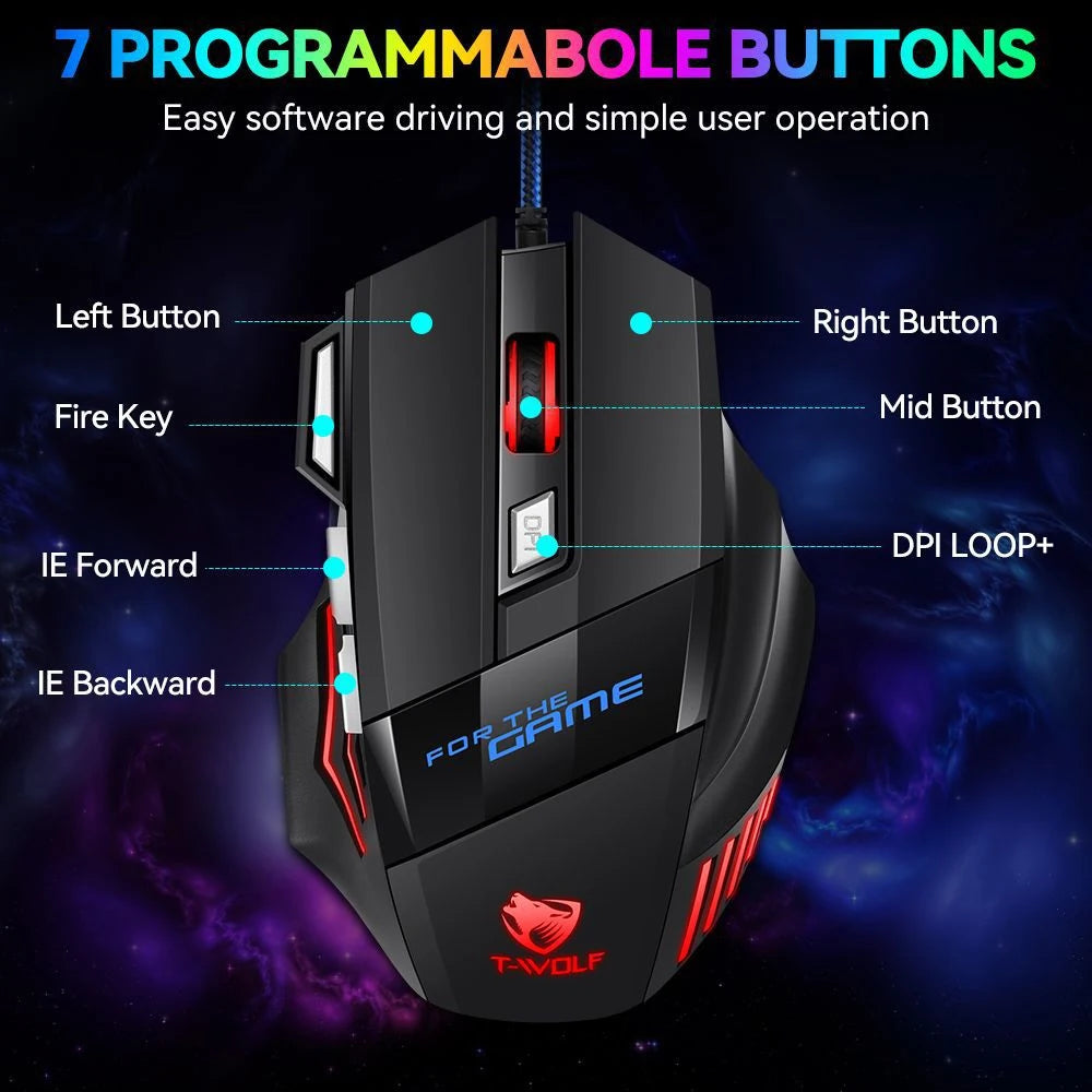 KEBIDUMEI 7 Buttons USB Wired Mouse RGB Backlit Mouse Ergonomic Gaming Mouse Plug and Play For PC Computer Laptop Windows Mac OS
