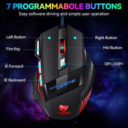 KEBIDUMEI 7 Buttons USB Wired Mouse RGB Backlit Mouse Ergonomic Gaming Mouse Plug and Play For PC Computer Laptop Windows Mac OS