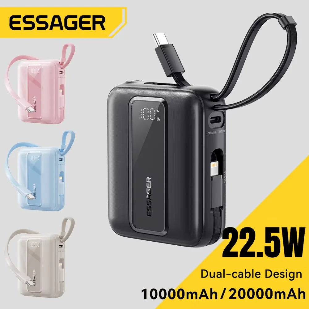 Essager 20000mAh Type C Cable Power Bank PD 22.5W Fast Charging Phone External Battery for Xiaomi iPhone 17 16 15 Samsung iPad