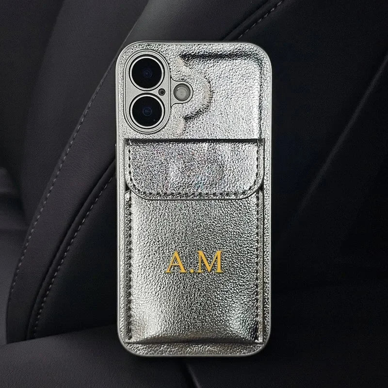 Custom Initials Name Letter Card Bag Leather Case For iPhone 17 16 15 14 13 12 11 Pro Max Air Card Slot Holder Shockproof Cover