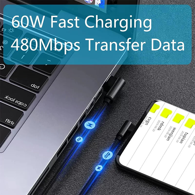 60W USB C To Type C PD Fast Charger Cable 90 Degree Angle Charging Cord Wire for iPhone 15 16 Pro Max Xiaomi Huawei Macbook iPad