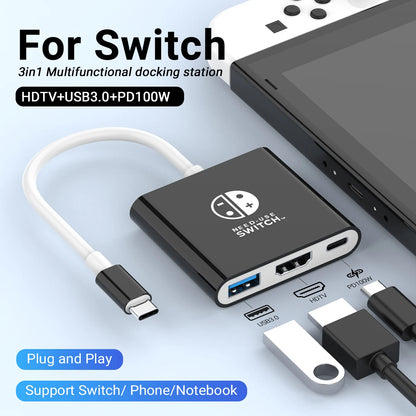 3 In 1 USB C HUB Type C to HDMI 4K with PD 100W Fast Charging USB 3.0 Docking Station for Switch MacBook Laptop Computer Phone