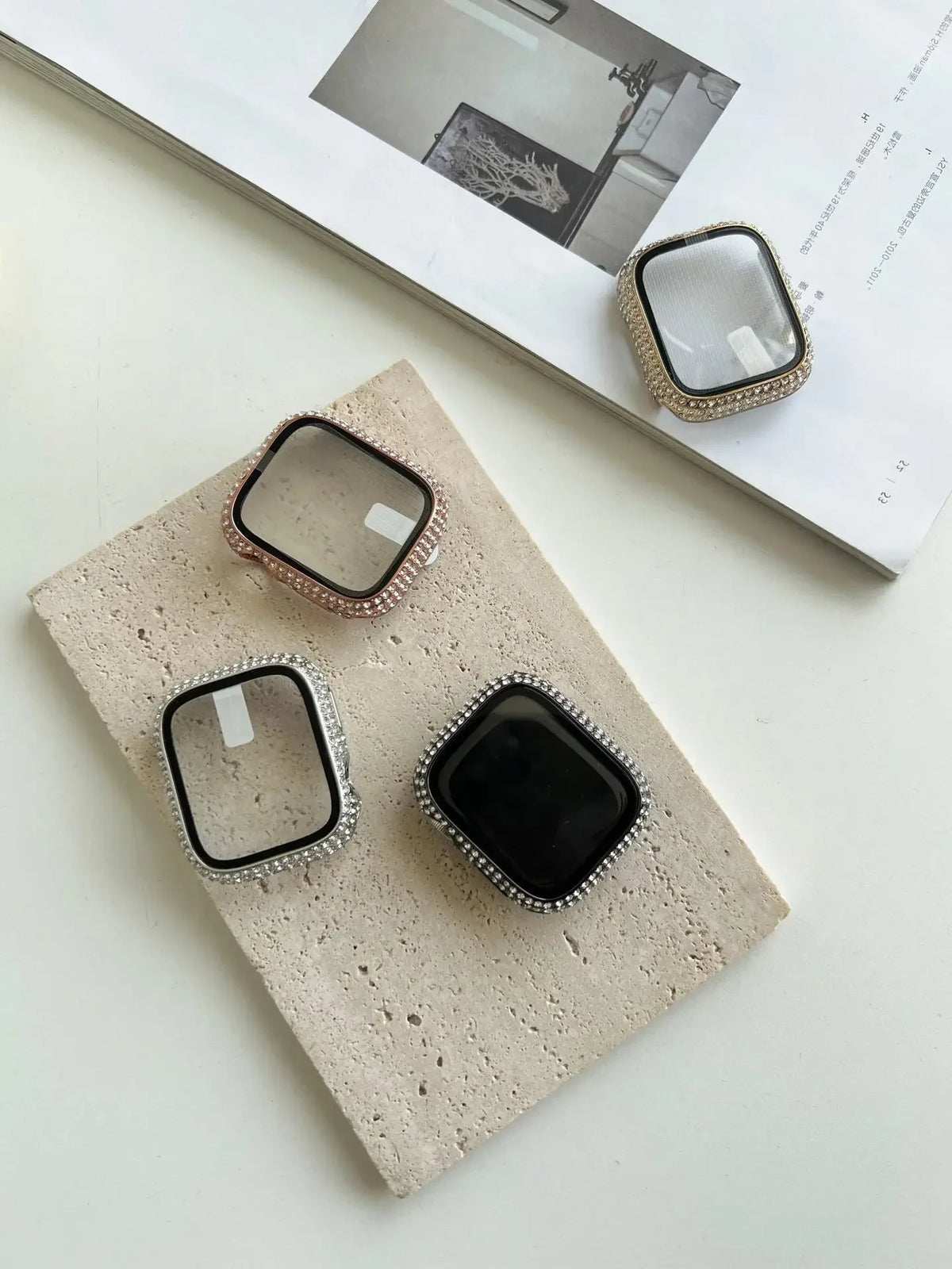 Rhinestone Decor Tempered Glass Screen Protector Watch Case For Apple Watch 38/40/41/42/44/45/46mm,Series SE/10/9/8/7/6/5/4/3/2