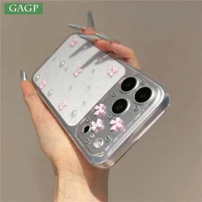 Cute 3D Pink Bowknot Pearl Glitter Clear Phone Case For iPhone 17 18 Pro Max 16 15 12 11 14 13 Lovely Shockroof TPU Soft Cover