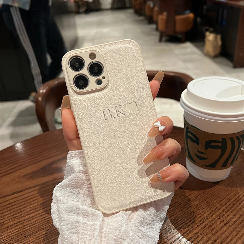 Personalised Initials Name Letters Leather Case For iPhone 12 13 11 14 15 16 17 18Pro Max 17Air Shockproof Custom Engraved Cover