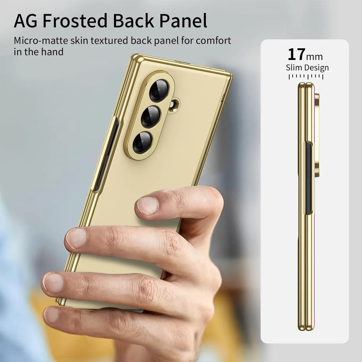 Leather Golden Border AG Matte Phone Case for Samsung Galaxy Z Fold 7 with Steel Film Hinge Protection Cover for Fold 7 6 5 4 3