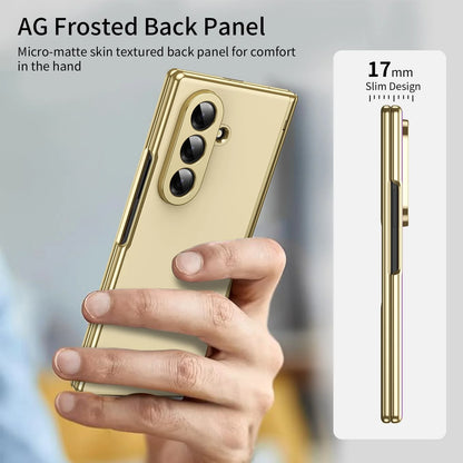 Leather Golden Border AG Matte Phone Case for Samsung Galaxy Z Fold 7 with Steel Film Hinge Protection Cover for Fold 7 6 5 4 3