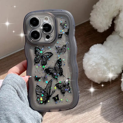 Luxury Glitter Starry Sky Butterfly Resin Irregular Wavy Edge Phone Case for iPhone 11 12 13 14 15 16 17 Pro Max + Plus