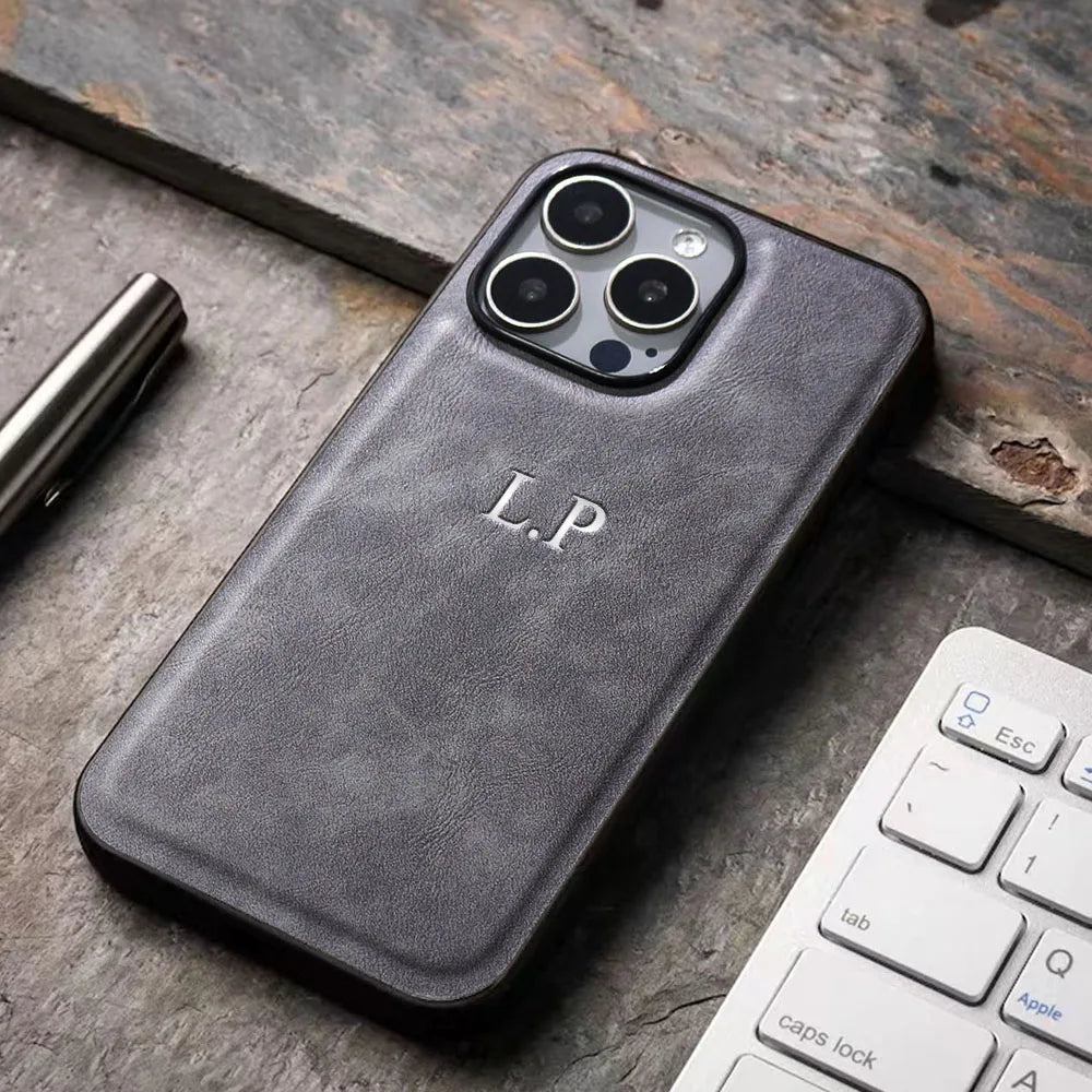 Leather Personalized Customized Initials Name Case For iPhone18 17 Air 16 15 14 13 12 11Pro Max Plus Luxury DIY Engraved Cover