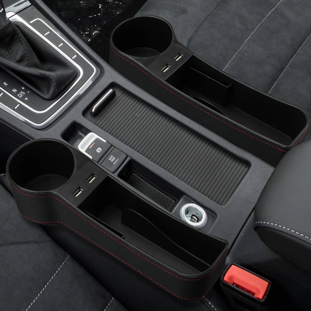 Car Seat Gap Storage Box Seat Gap Slit Box Phone Bottle Cups Holder Box Car Organizer Dual USB Charger Leather Car Accessories