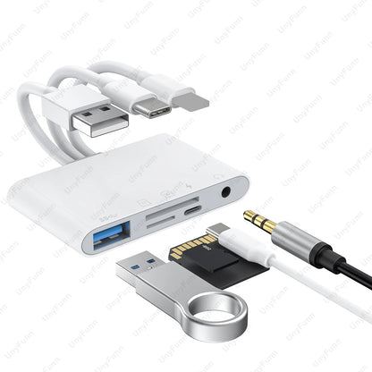 8-in-1 Memory Card Reader for iPhone iPad USB C USB A to 3.5mm Music Hub OTG Universal Adapter Support TF Micro SD SDHC SDXC MMC