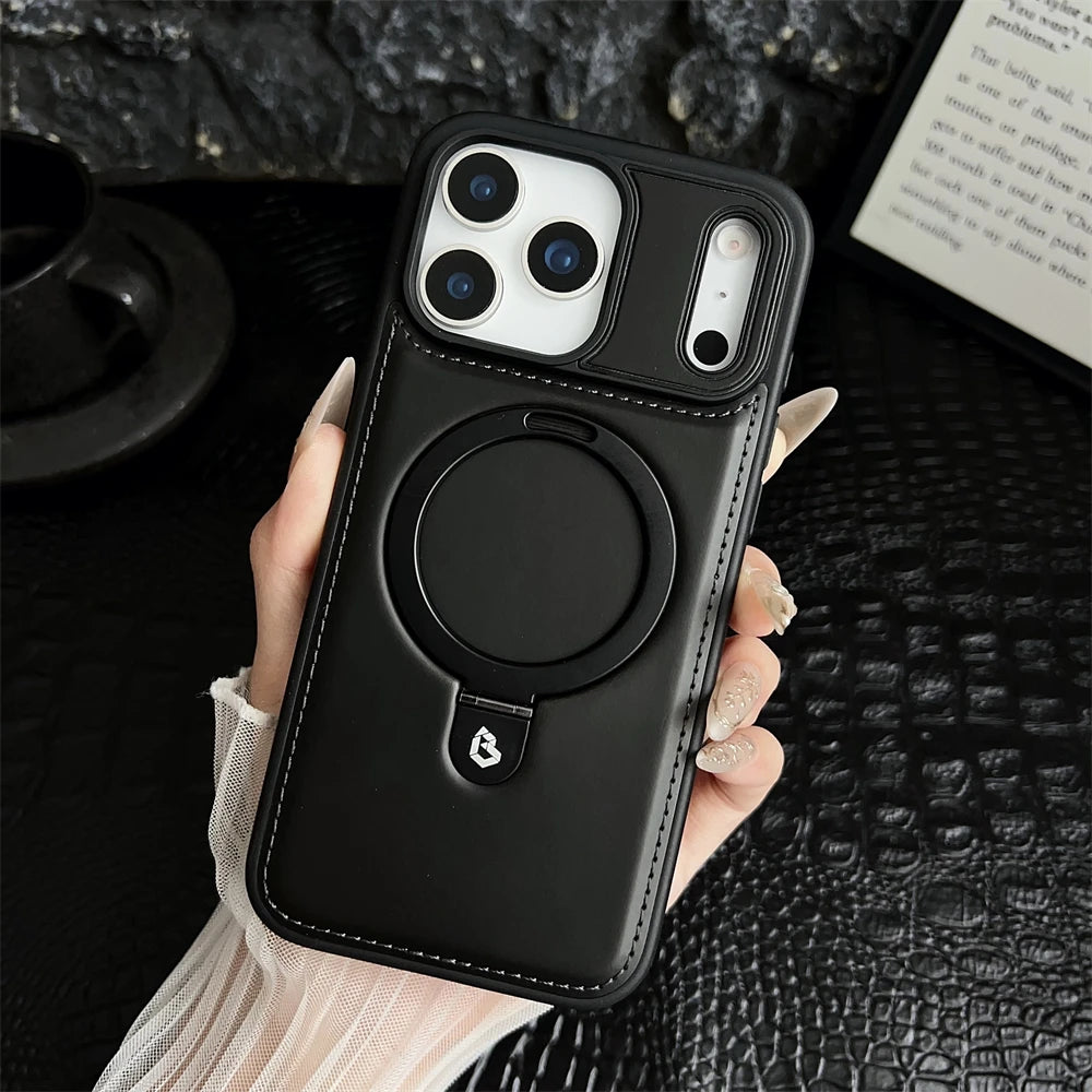 Luxury Magnetic Stand Ring PU Leather Case For iPhone 17 Air 16 Pro Max 15 14 13 12 Magsafe Wireless Charging Hollow Logo Cover
