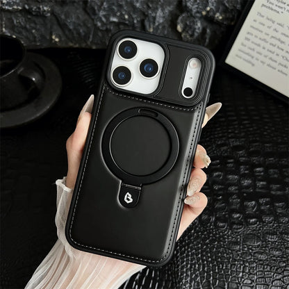Luxury Magnetic Stand Ring PU Leather Case For iPhone 17 Air 16 Pro Max 15 14 13 12 Magsafe Wireless Charging Hollow Logo Cover