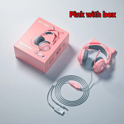 Cute Cat Ear Gaming Headphones with Mic Noise Reduced RGB Pink Girls Headset Gamer Accessories for PS4 Xbox Phone PC Kid Gift