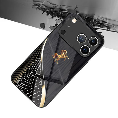 Stylish Golden Horse Tempered Glass Phone Case For iPhone 17 16 Pro 16E 15 14 13 12 11 Pro Max 17 Air X XR XS 7 8 Plus Cover