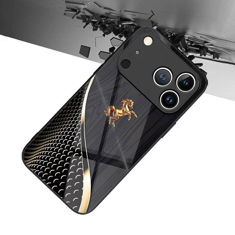 Stylish Golden Horse Tempered Glass Phone Case For iPhone 17 16 Pro 16E 15 14 13 12 11 Pro Max 17 Air X XR XS 7 8 Plus Cover