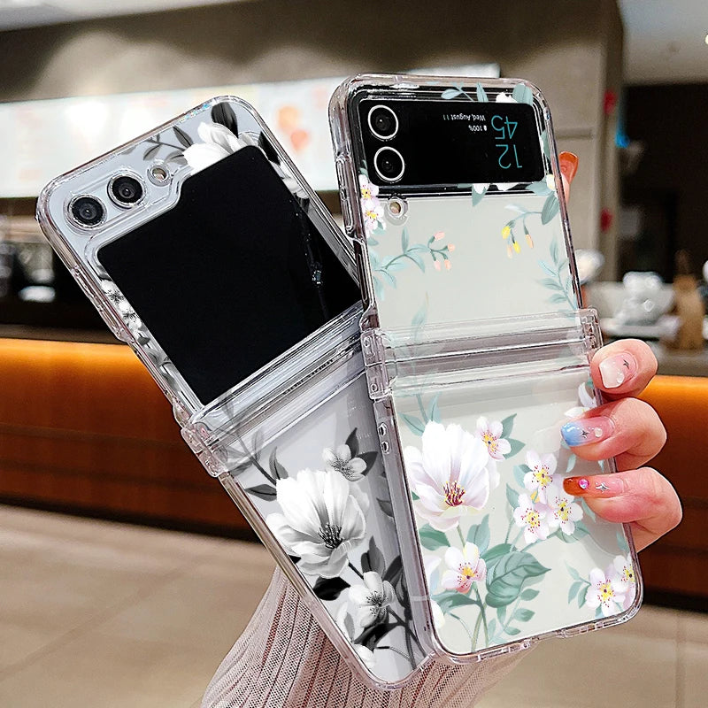 Flowers Pattern Clear Case For Samsung Galaxy Z Flip 8 7 FE 6 5 4 3 5G Folding Hard Phone Cover For Samsung Z Flip8 Flip6 Flip7