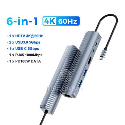 8-in-1 USB C Hub Docking Station with 1000Mbps Ethernet HDTV 4K60Hz 2 USB3.0 2 USB-C Ports Adapter PD 100W Max Charging Data