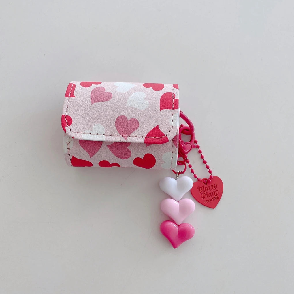 Y2K Sweet Girly Pink Gradient Love Heart Flip Faux Leather With Pendant Earphone Cover Case for AirPods 1 or 2 3 4 5 Pro 2 Pro 3