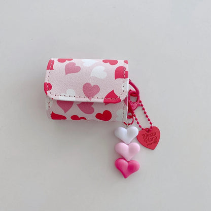 Y2K Sweet Girly Pink Gradient Love Heart Flip Faux Leather With Pendant Earphone Cover Case for AirPods 1 or 2 3 4 5 Pro 2 Pro 3