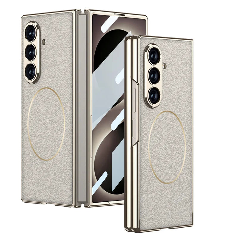 Electroplated Hard PC Leather Back Cover Case for Samsung Galaxy Z Fold 8 Ultra Fold 7 with Glass Screen Film