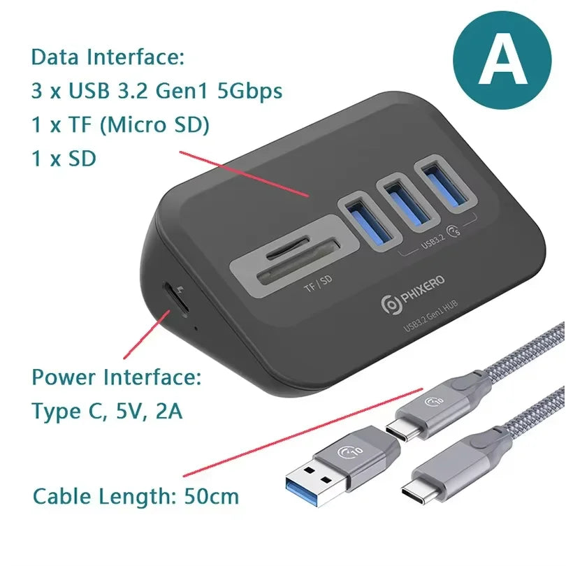 PHIXERO USB 3.2 Docking Station Hub 10Gbps Splitter Switch Dock Multi Port SD Card Socket Type C Gen2 for Surface PC Laptop 3.0