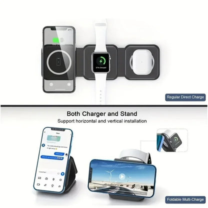 3 in 1 Magnetic Wireless Charger Fast Charging Dock Station Portable Foldable Stand Trip Charger For iPhone Apple Watch AirPods