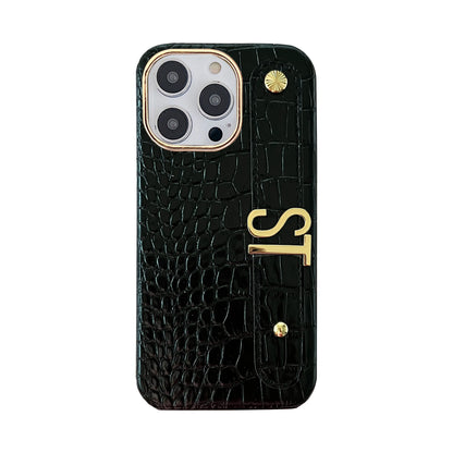 Holding Strap Personalised Custom Name Gold Metal Letters Leather Phone Case For Iphone 14 13 12 17 Pro Max 16promax Cover