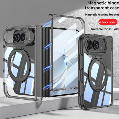 For iPhone Duo Fold Transparent Stand Phone Case with Magnetic Hinge Protection Compatible Film Integrated Design