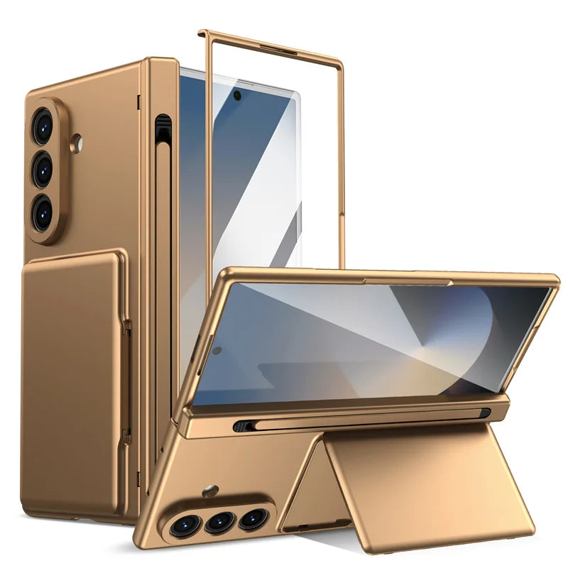 Hinge Wallet Card Slot Bracket Phone Case For Samsung Galaxy Z Fold 8Ultra 7 6 5 With Screen Glass Protect Film S Pen Slot Cover