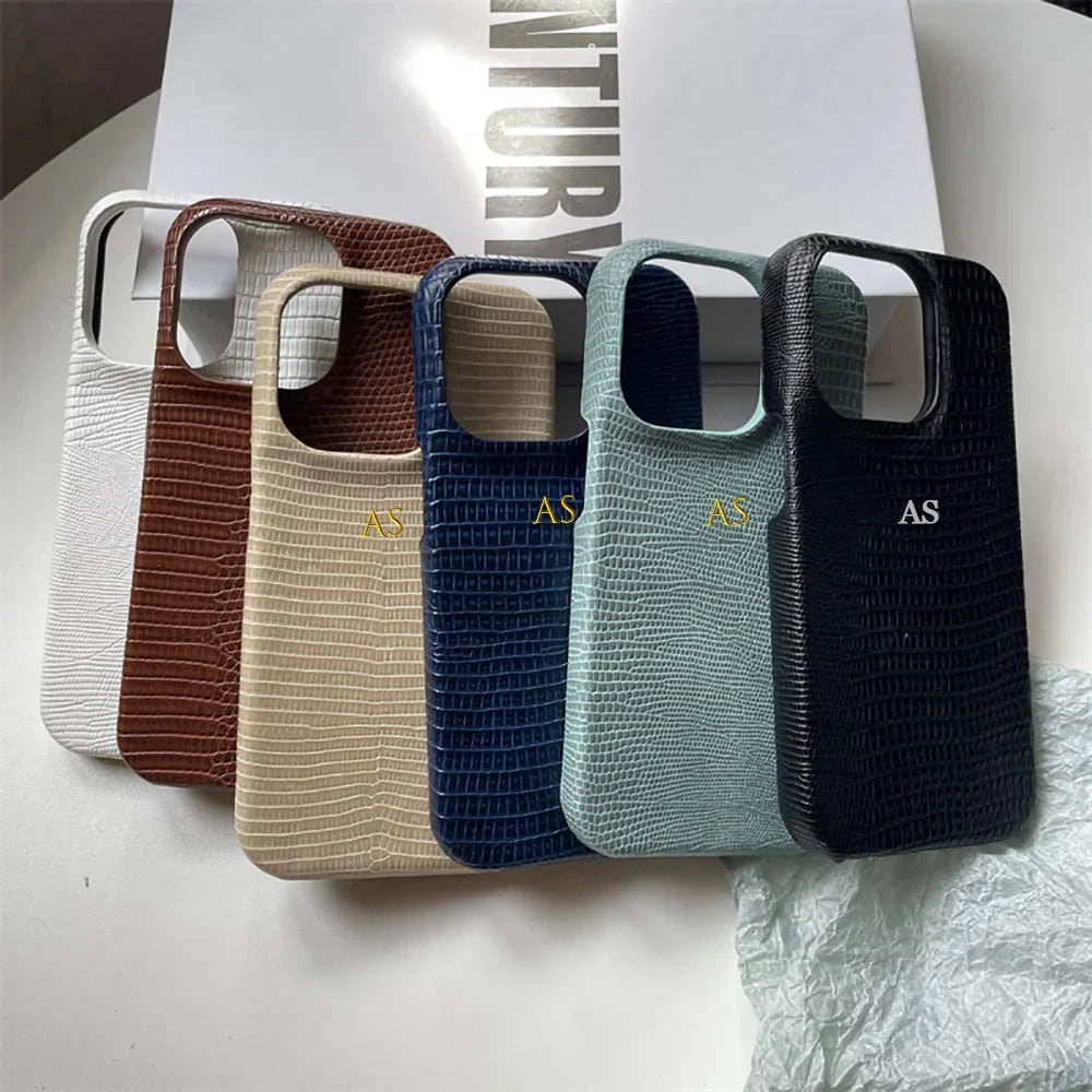Personalise Gold Initials Letters Leather Cases For iPhone 17 Pro Max 16 Pro 15 14 13 Pro Max Luxury Lizard PU Hard Cover