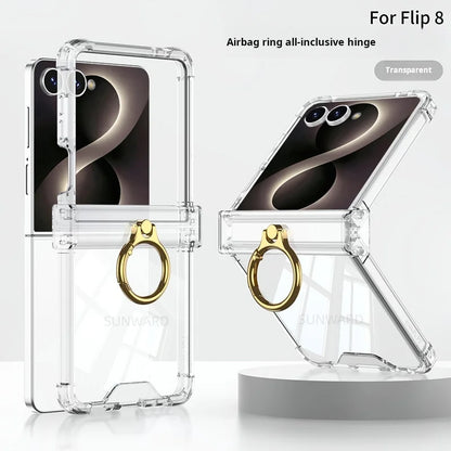 Luxury Airbag Hinge Protection Ring Holder Phone Case For Samsung Galaxy Z Flip 8 7 6 5 Z Flip7 FE Flip 8 Clear Shockproof Cover