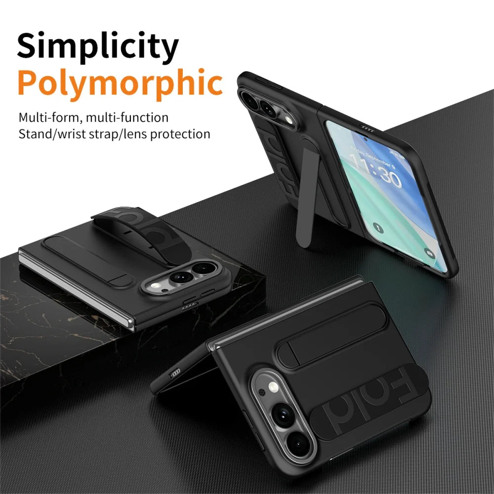 For iPhone Duo Cases Luxury Wrist Strap Bracket Stand Holder Case for iPhone Duo 18 Fold Solid Color Built-in Front Film Cover