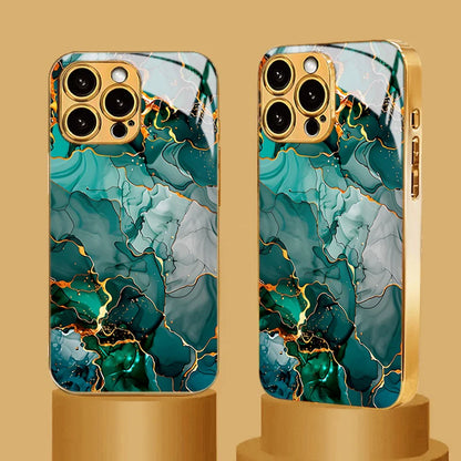 Green Gold Dali Texture Tempered Glass Phone Case For iPhone 17 Pro Max 14 15 16 Plus 11 12 13 Pro Max 16E 17Air Protect Cover