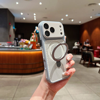 Luxury Heat Dissipation Cooling Mesh Hole Case for iPhone 17 16 15 14 Plus 13 Pro Max For Magsafe Stand Holder Armor Cover
