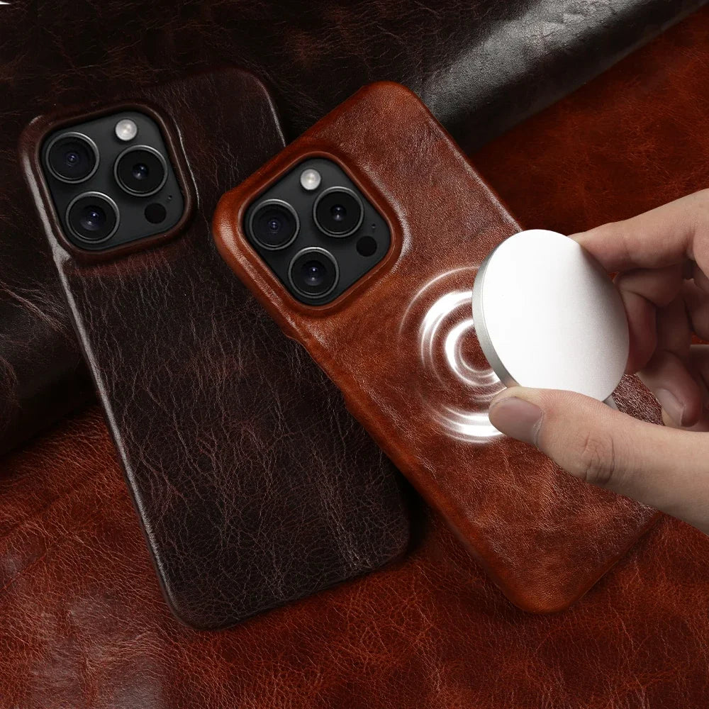 Business Genuine Leather Case for iPhone 16 Pro Max 14 13ProMax 12 11 Magnetic Magsafe Premium Cowhide Phone Cover Back Coque