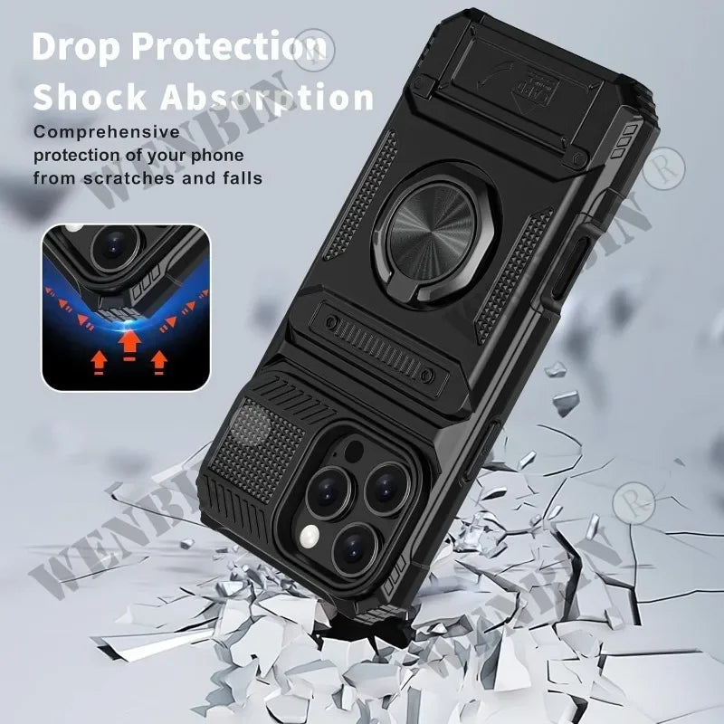 Case For iPhone 17 16 15 14 Pro Max 16 Plus Magnetic Rotated Ring Kickstand Heavy Duty Drop Protection Wallet Cover Funda Capa