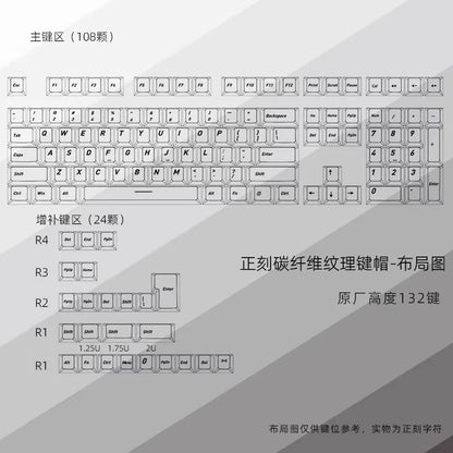 Letter Drive 2026 Forged Carbon Fiber Transparent Keycaps 132 Keys Cherry Profile RGB Backlit Key Cap For Mechanical Keyboard