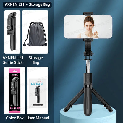 AXNEN L21 Phone Selfie Stick Cellphone Tripod with Extension Rod Bluetooth Remote Control for Android IOS Smartphone Shoot Vlog