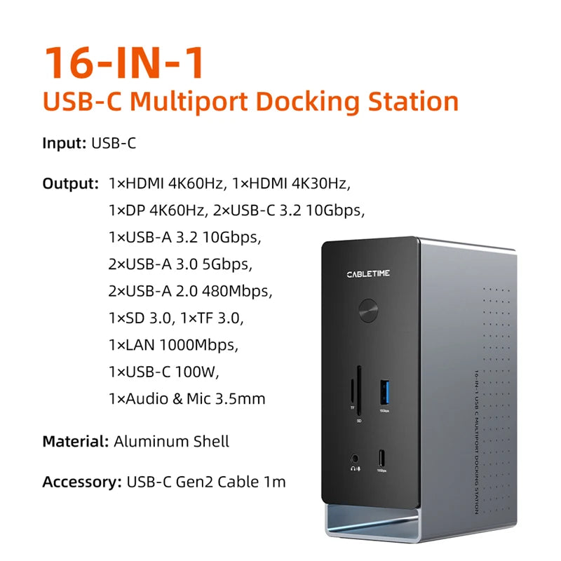CABLETIME 16 IN 1 USB C Dock Station 4K60Hz HDMI MST Microchip PD100W 10Gbps Type C 1000Mbps Lan Port for Laptop Macbook Pro