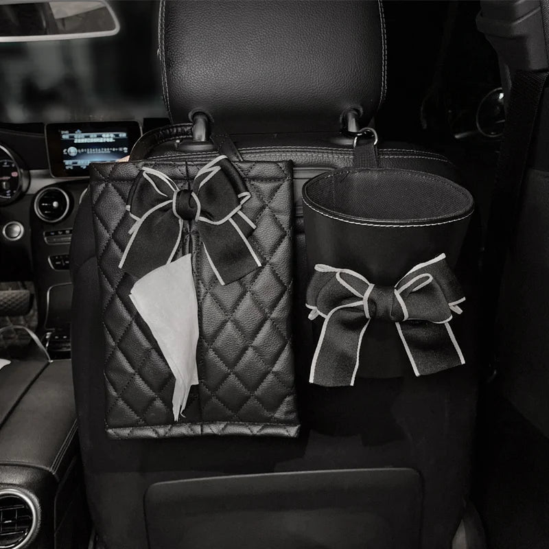 Creative Camellia Flower Leather Car Tissue Paper Towel Bag Auto Back Seat Headrest Hanging Trash Bin Can Women Car Accessories