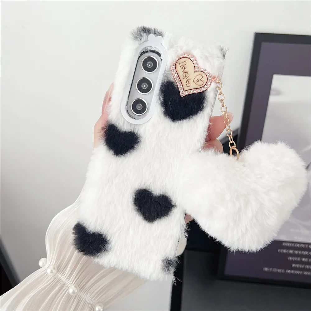 For Samsung Galaxy Z Fold 5 Case Korea Cute Fluffy Plush Love Pendant Phone Case For Galaxy Z Fold6 Cover Z Fold3 Z Fold2 Fold5