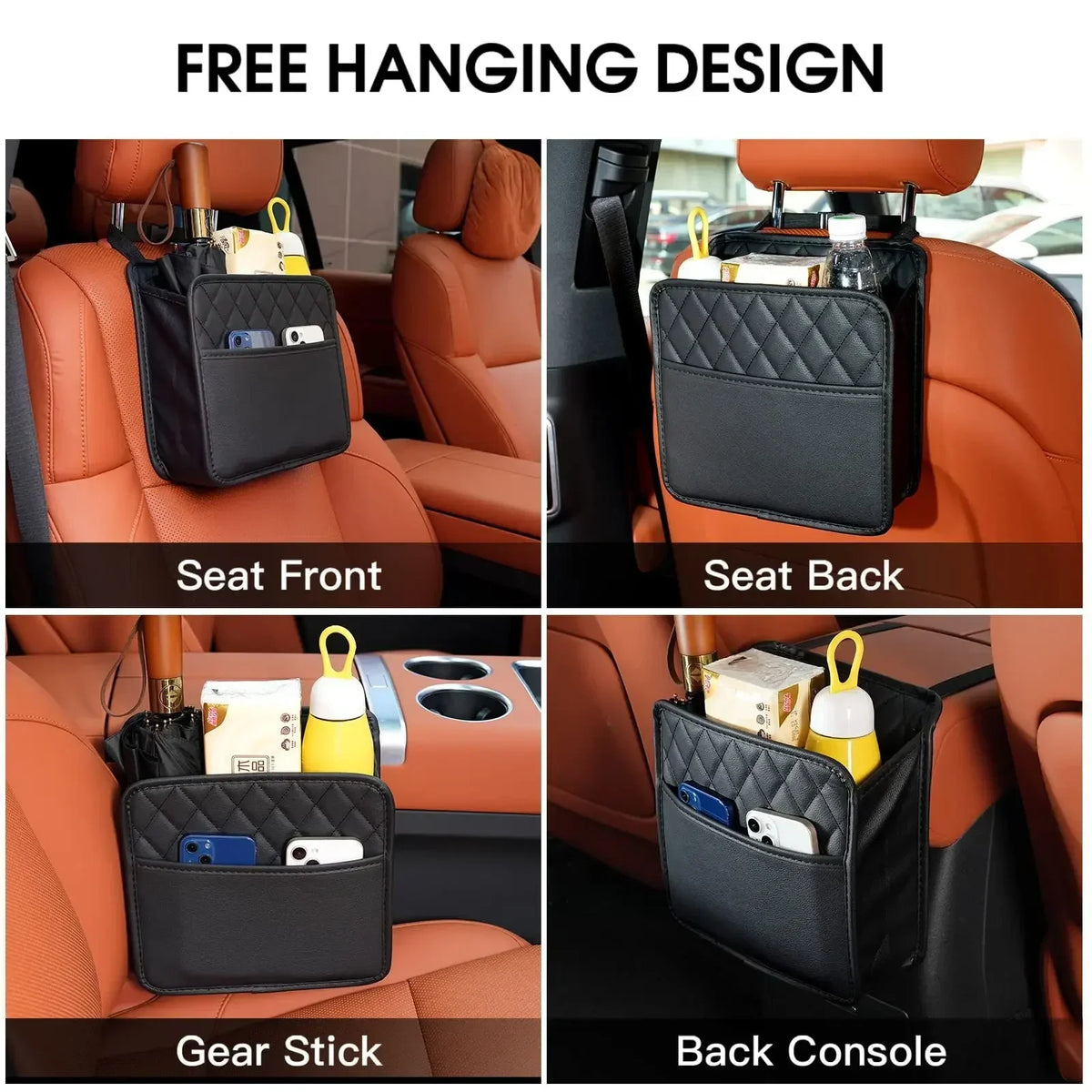 Universal Car Seat Back Organizer PU Leather Storage Bag Multi-Pocket Design Waterproof Tissue Holder Cup Holder Garbage Pocket