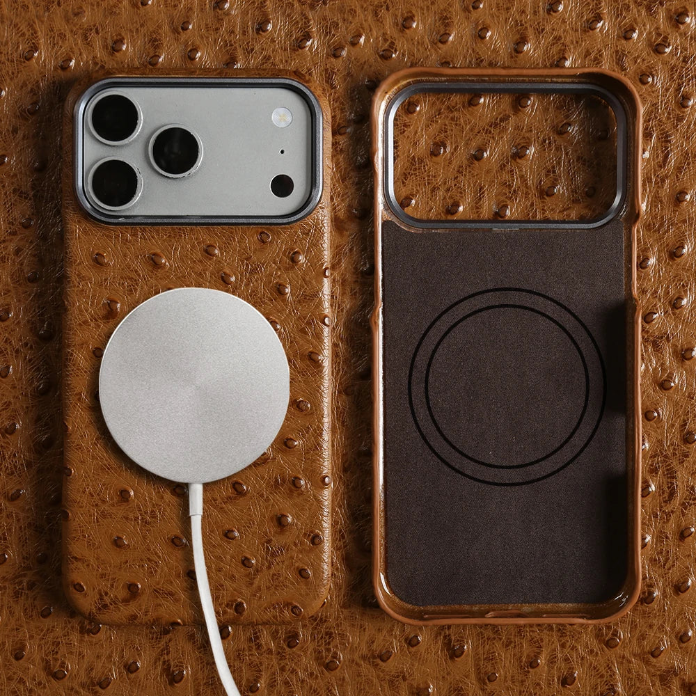 For Magsafe Ostrich Genuine Leather Case For iphone 17 Air 16 15 14 13 Pro Max Back Cover Cases 17Pro 16Pro 15Pro Max Coque Capa