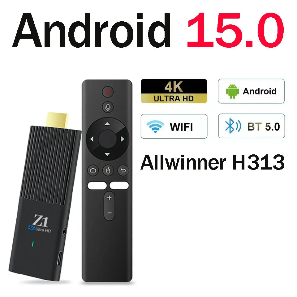 Android TV Stick Allwinner H313 Z1 Stick HD 4K 2.4G 5G Dual WiFi Quad Core BT5.0 HDR10 Android 15.0  iptv Media Player