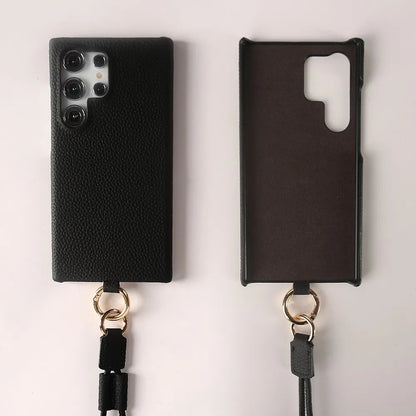 Luxury Cowhide Genuine Leather Case for Samsung Galaxy S26 Ultra S23 S22 S21 S26FE  Strap Crossbody Lanyard Phone Cover Coque