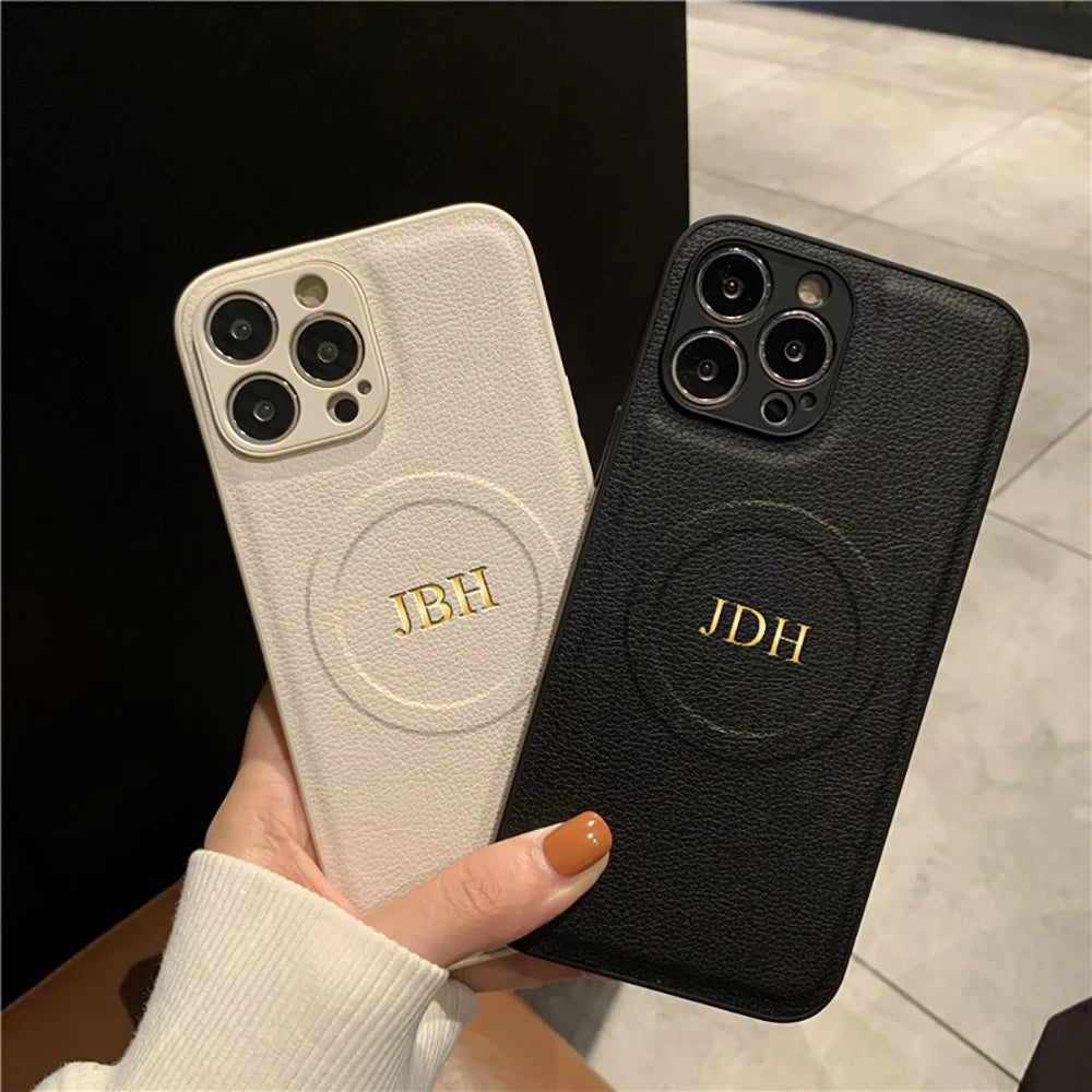 Personalized Case For iPhone11 12 13 14 15 16 17 18 Pro Max Customized Initials Name Wireless Charging For Magsafe Leather Cover